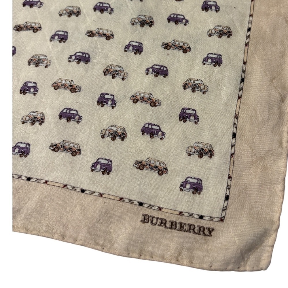 Burberry Cotton Square Scarf Cream Purple Vintage Car Novelty Print 20x20 - Picture 8 of 8